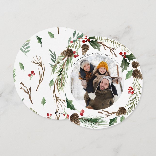 Forest Berry Pinecone Round Photo Holiday Card (Front/Back)