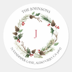 Forest Berry Pinecone Wreath Monogram Classic Round Sticker