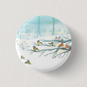 Forest birds in winter 3 cm round badge