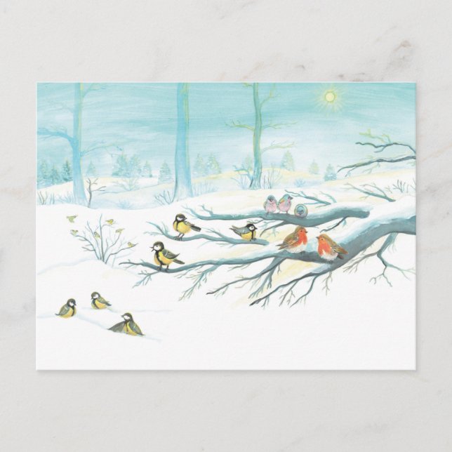 Forest birds in winter announcement postcard (Front)
