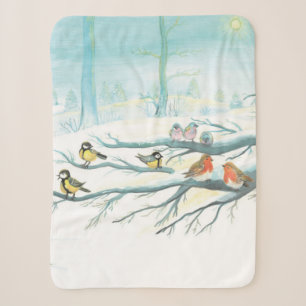 Forest birds in winter baby sherpa blanket