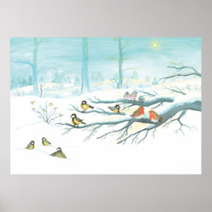 Forest birds in winter poster