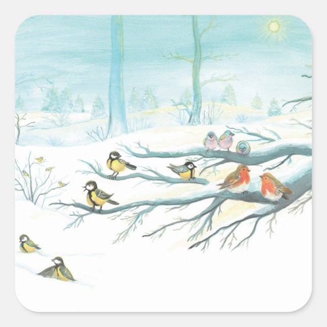 Forest birds in winter  square sticker (Front)