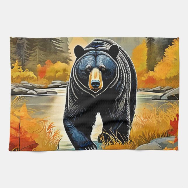Forest Black Bear Autumn Tea Towel (Horizontal)