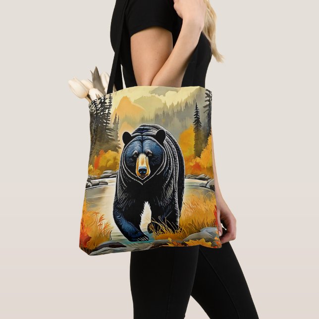 Forest Black Bear Autumn Tote Bag (Close Up)