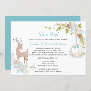 Forest Blue Boy Bear Deer Baby Shower By Mail Invitation