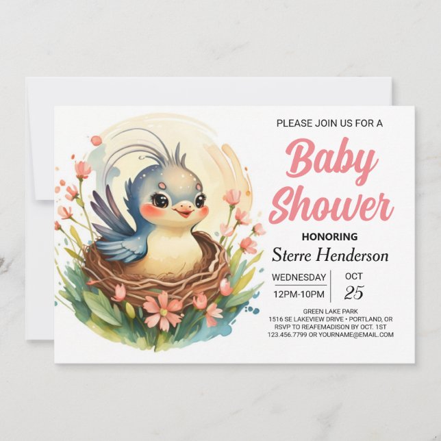  Forest Boho Girly Bird Baby Shower Invitation (Front)