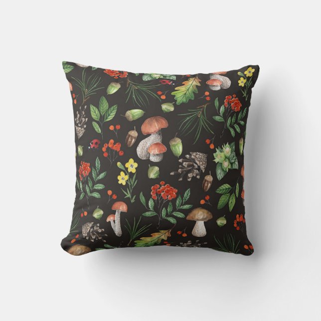 Forest Bounty: Watercolor Mushroom Pattern Cushion (Front)