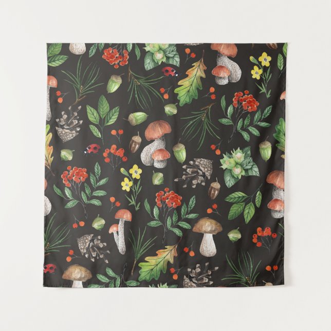 Forest Bounty: Watercolor Mushroom Pattern Tapestry (Front)