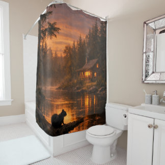 Forest Cabin at Sunset • Painterly Shower Curtain