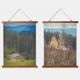 Forest cabins under the mountains hanging tapestry