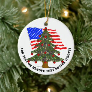 Forest Camouflage Christmas Tree w/American Flag Ceramic Ornament