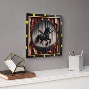 Forest Canter: Personalised Charred Wood Friesian Square Wall Clock