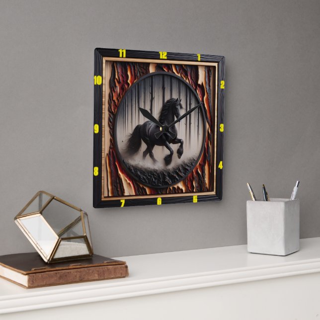 Forest Canter: Personalised Charred Wood Friesian Square Wall Clock (Office)
