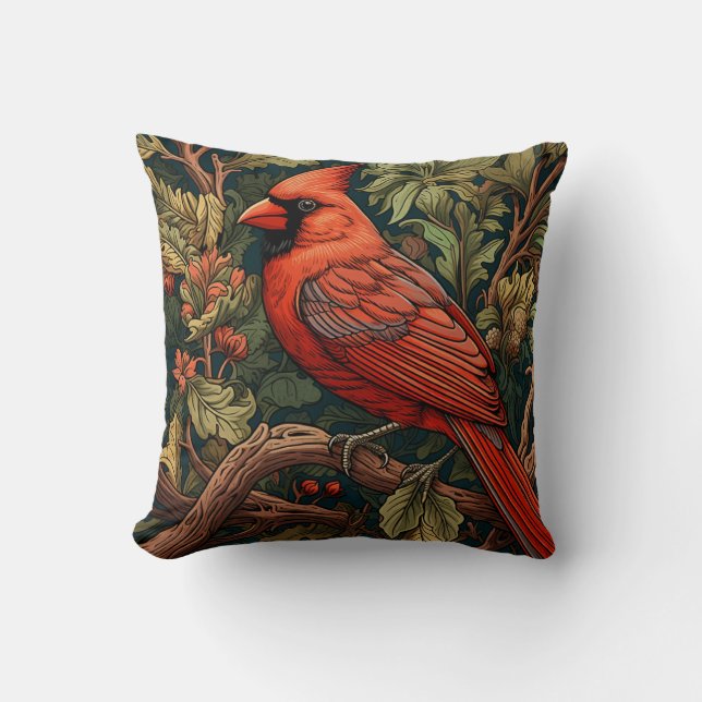 Forest Cardinal, William Morris Style Cushion (Front)