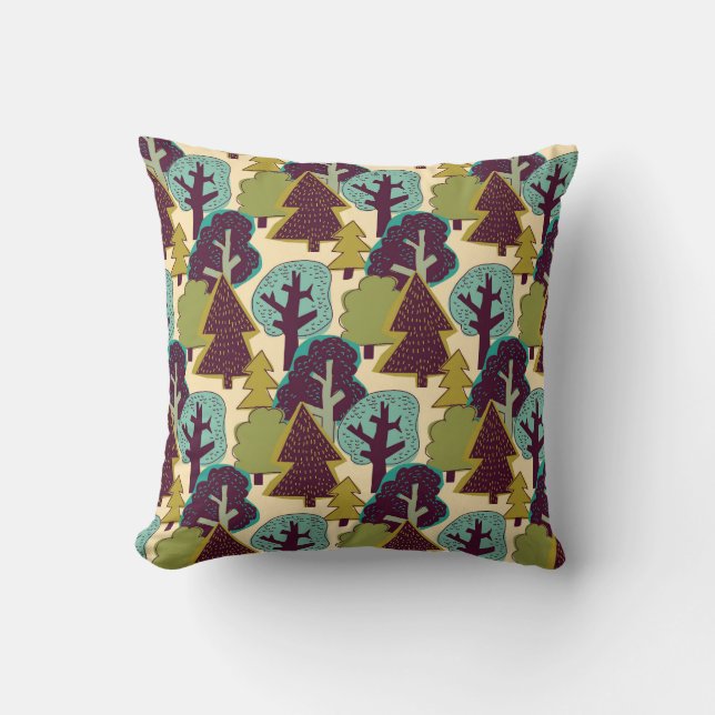 Forest Colour Doodle Trees Illustration Cushion (Front)