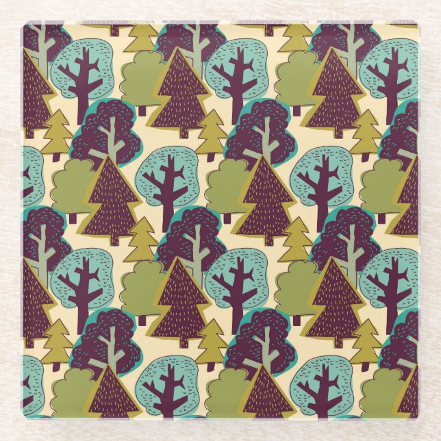 Forest Colour Doodle Trees Illustration Glass Coaster (Front)