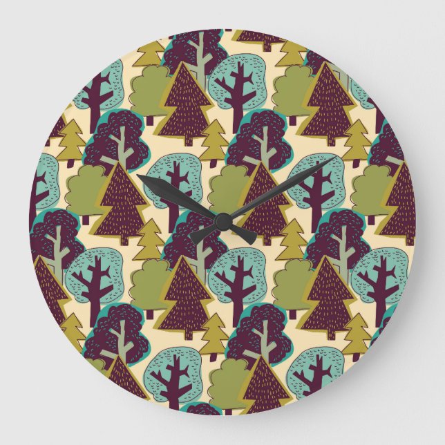 Forest Colour Doodle Trees Illustration Large Clock (Front)