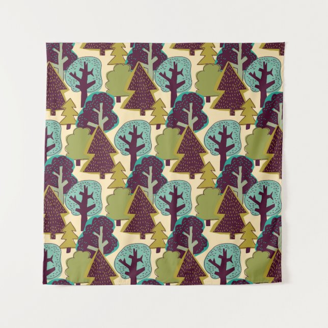Forest Colour Doodle Trees Illustration Tapestry (Front)