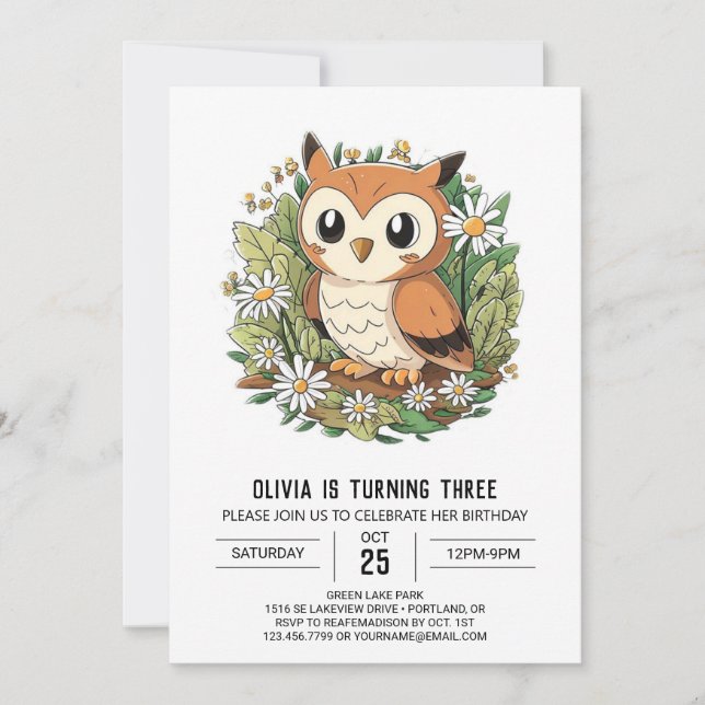 Forest Colourful Digital Owl Birthday Invitation (Front)