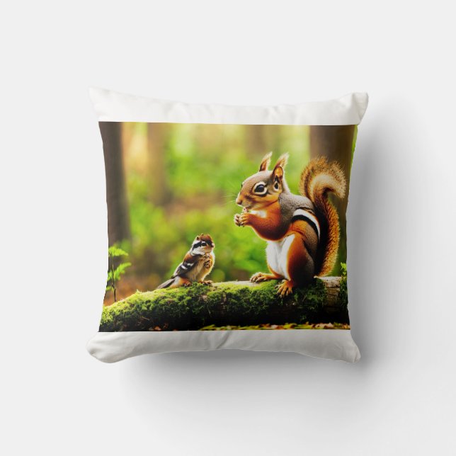 Forest Companions – Squirrel, Chipmunk & Bird Cushion (Front)