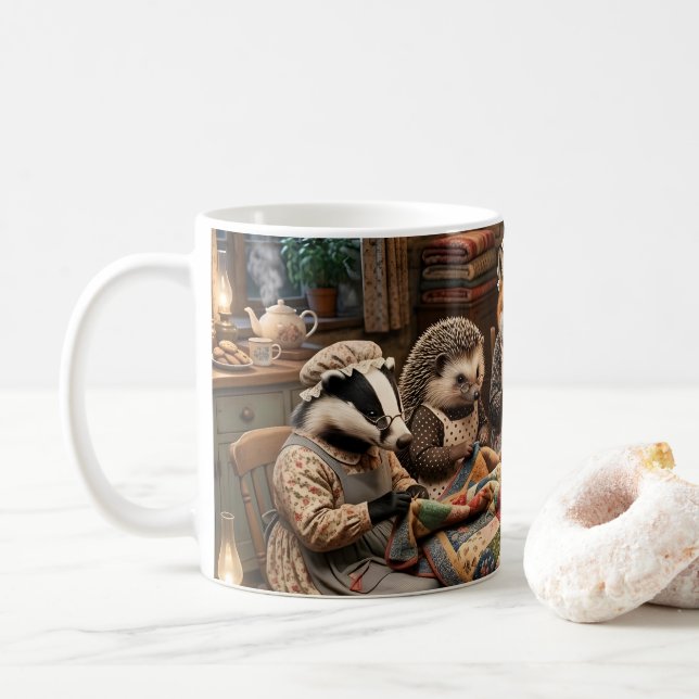 Forest Creatures Quilting Bee Coffee Mug (With Donut)