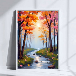 Forest Creek Fall Foliage Watercolor Landscape Poster