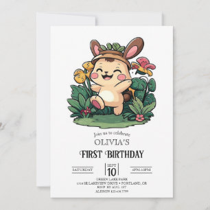 Forest Cute Bunny 1st Birthday Digital Invitation