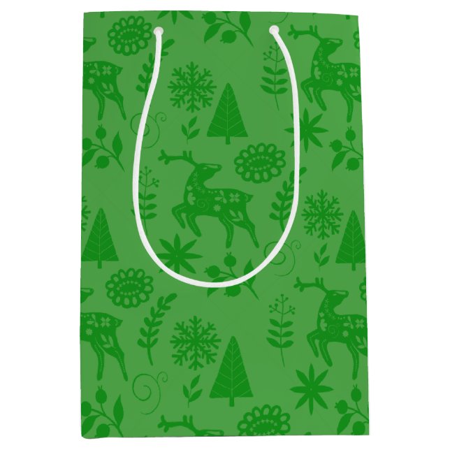 Forest Deer Folk Art Green Gift Bag (Front)
