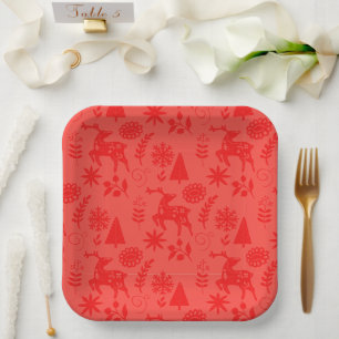 Forest Deer Folk Art Red Paper Plate