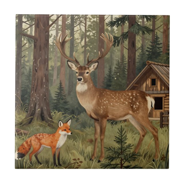 Forest Deer Fox Woodland Cabin Scene Ceramic Tile (Front)