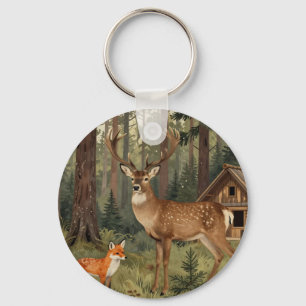 Forest Deer Fox Woodland Cabin Scene Key Ring