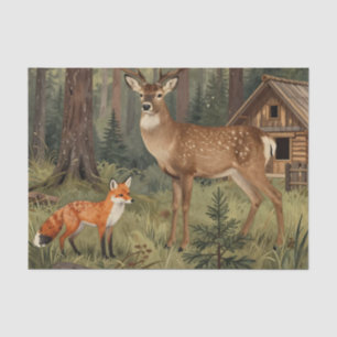 Forest Deer Fox Woodland Cabin Scene Tissue Paper