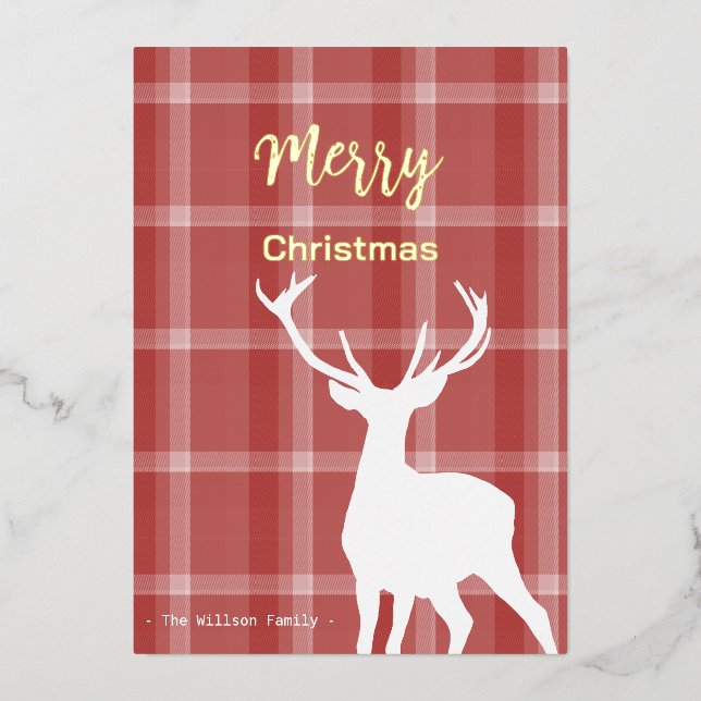 Forest Deer On Red Tartan Pattern Foil Holiday Card (Front)