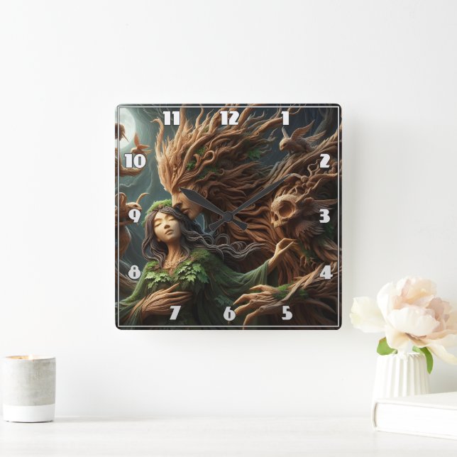 Forest Deities Embrace Under Moonlight Square Wall Clock (Home)
