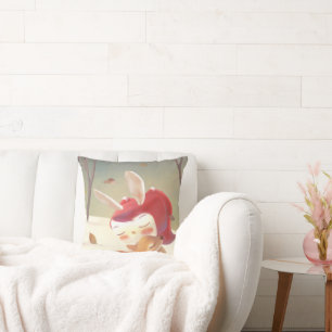 Forest Embrace: Bunny Girl Hugging Little Deer Cushion