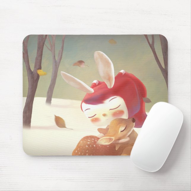 Forest Embrace: Bunny Girl Hugging Little Deer Mouse Pad (With Mouse)