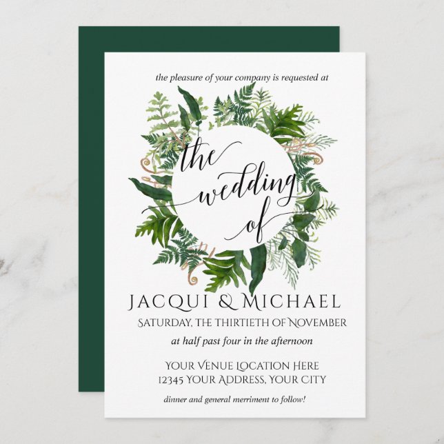 Forest Emerald Fern Foliage Leaf Wreath Wedding Invitation (Front/Back)