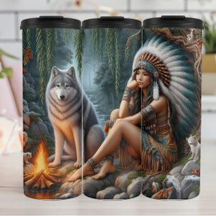 Forest Encounter: Woman, Wolf, Fire. Thermal Tumbler
