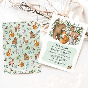 Forest Fable Woodland Animals Twins Baby Shower Invitation