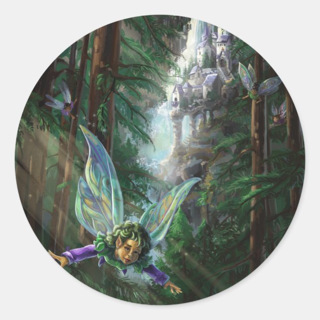 Forest Fairies and Waterfall Castle Art Classic Round Sticker (Front)