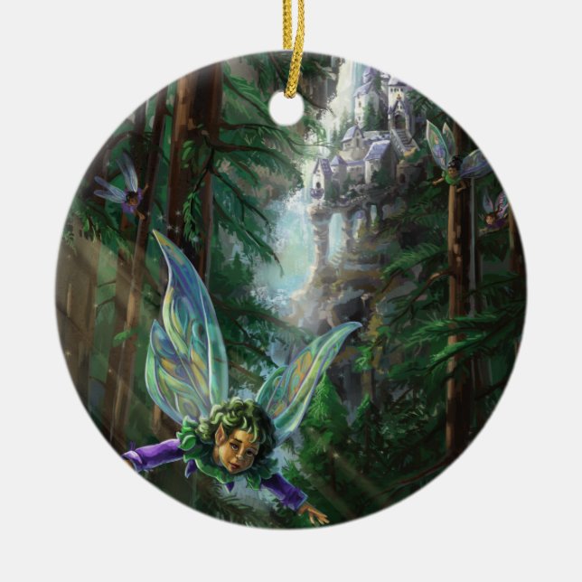 Forest Fairies and Waterfall Castle Ceramic Ornament (Front)