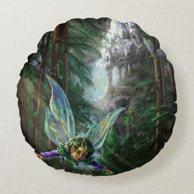 Forest Fairies and Waterfall Castle Round Cushion (Front)