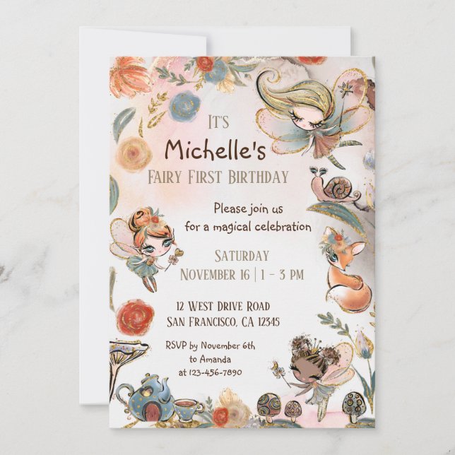 Forest Fairy First Birthday Invitation, Magical Invitation (Front)