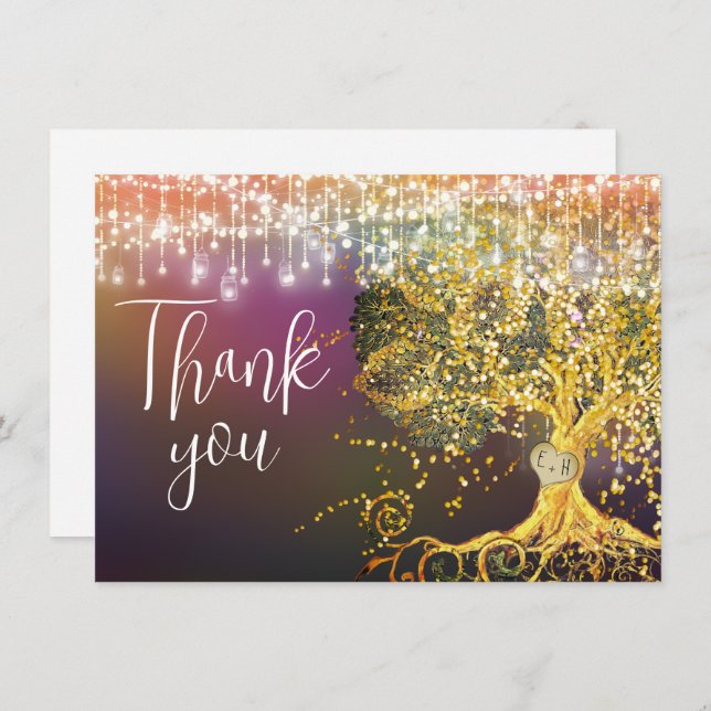 Forest Fairytale Purple Gold Wedding  Thank You Card (Front/Back)