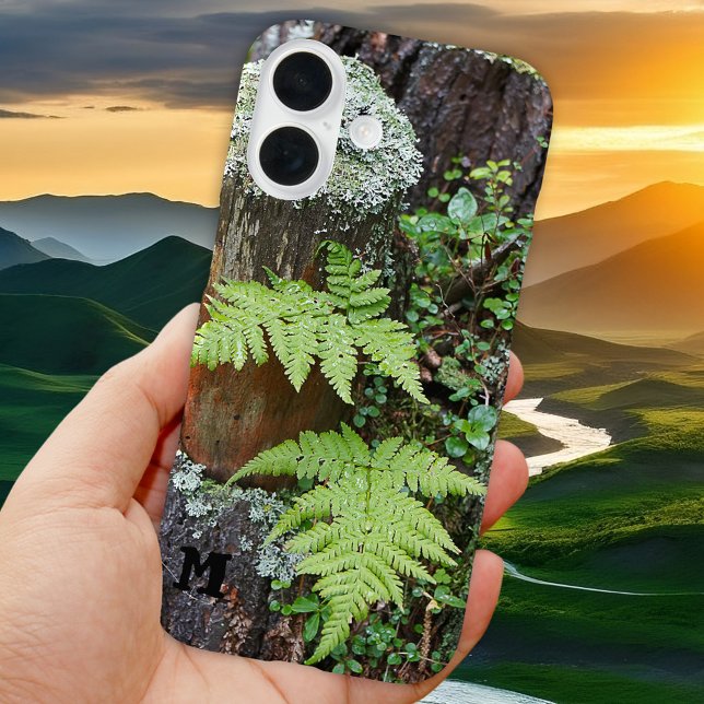 Forest Fern Green Nature Phone Case (Phone case featuring a playful green forest scene with ferns and your custom monogram (optional))