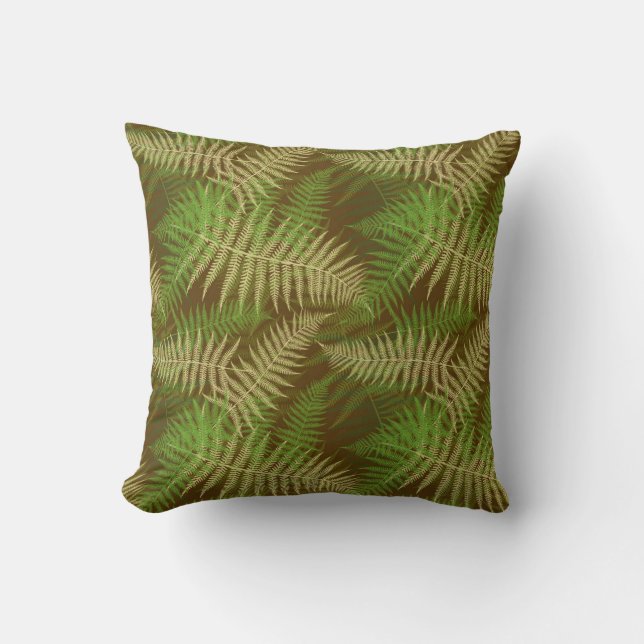 Forest Ferns Pattern Brown and Green Cushion (Front)