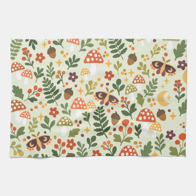 Forest Floor Mushroom Moth Pattern Kitchen Towel (Horizontal)