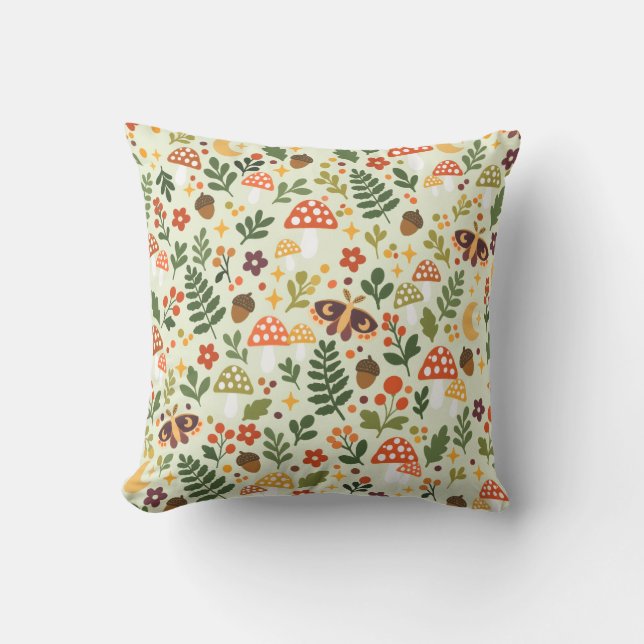 Forest Floor Mushroom Moth Pattern Throw Pillow (Front)