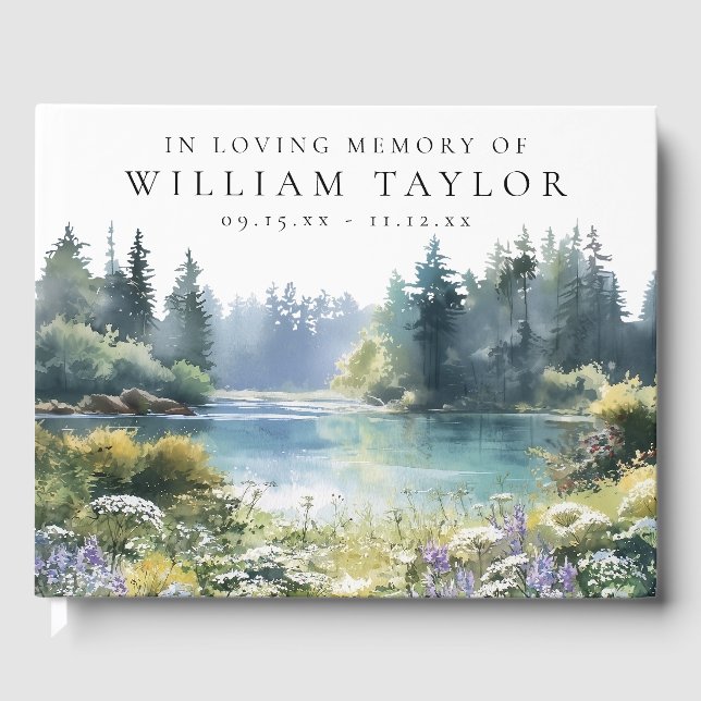 Forest Floral Lake In Loving Memory Funeral Photo Guest Book (Front)